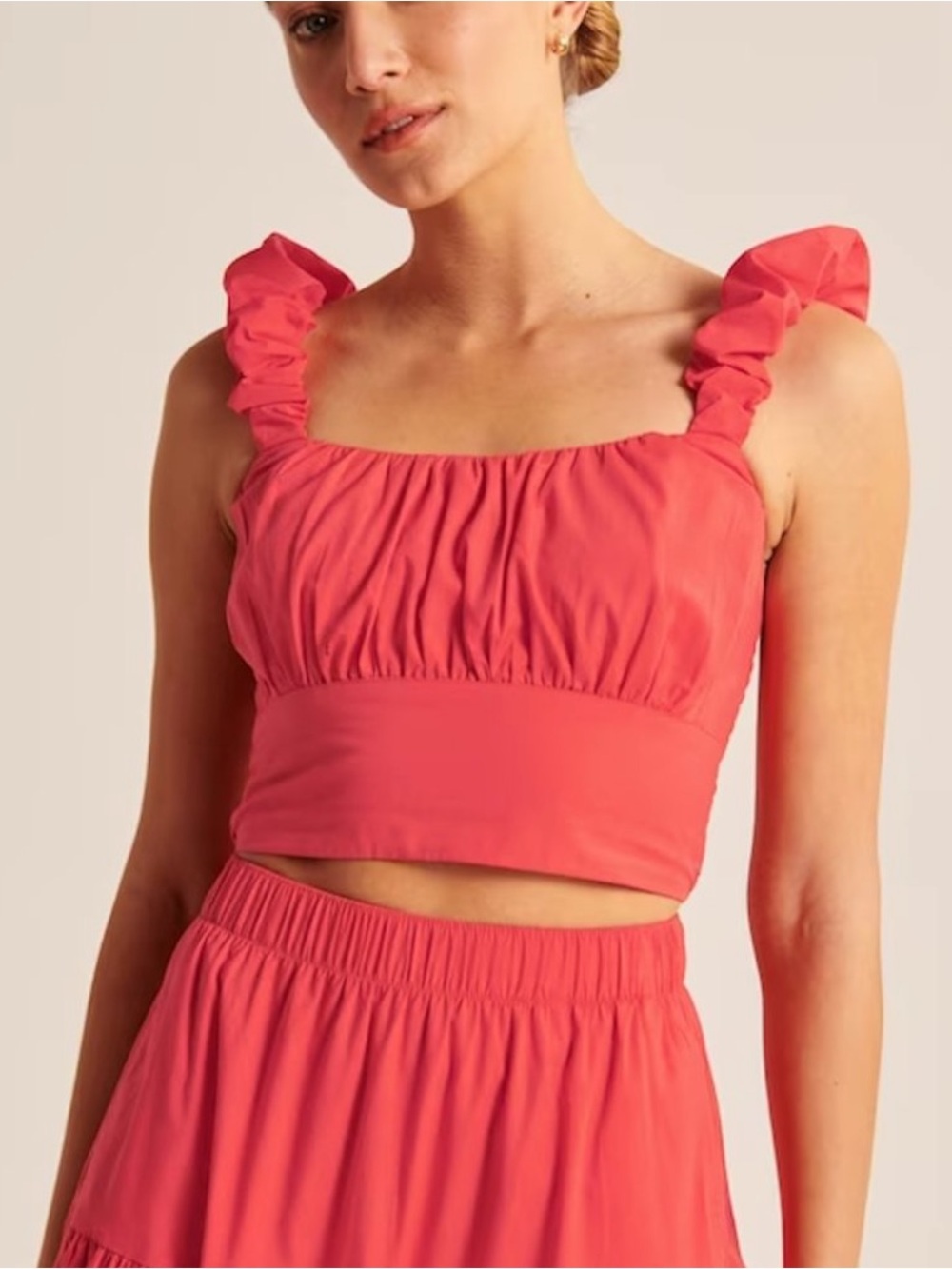 Abercrombie & Fitch Ruffle Strap Ruched Cropped Top | Coral Red | Small